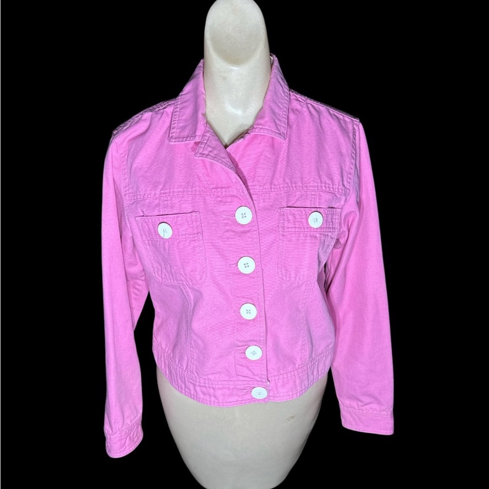 Vintage 1990s Bill Blass Cropped Bubblegum Pink Denim Jacket Petite Medium